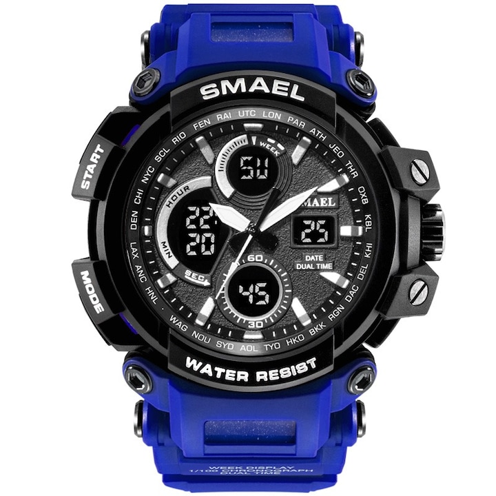 Спортен мъжки часовник Smael Strong, Хронограф, LED Подсветка, Двойно време, Син / Черен
