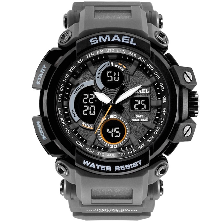 Спортен мъжки часовник Smael Strong, Хронограф, LED Подсветка, Двойно време, Сив / Черен