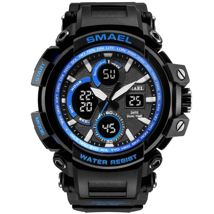 Спортен мъжки часовник Smael Strong, Хронограф, LED Подсветка, Двойно време, Черен / Син