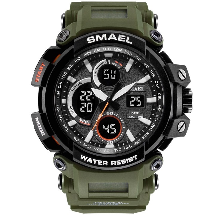 Спортен мъжки часовник Smael Strong, Хронограф, LED Подсветка, Двойно време, Военно зелен