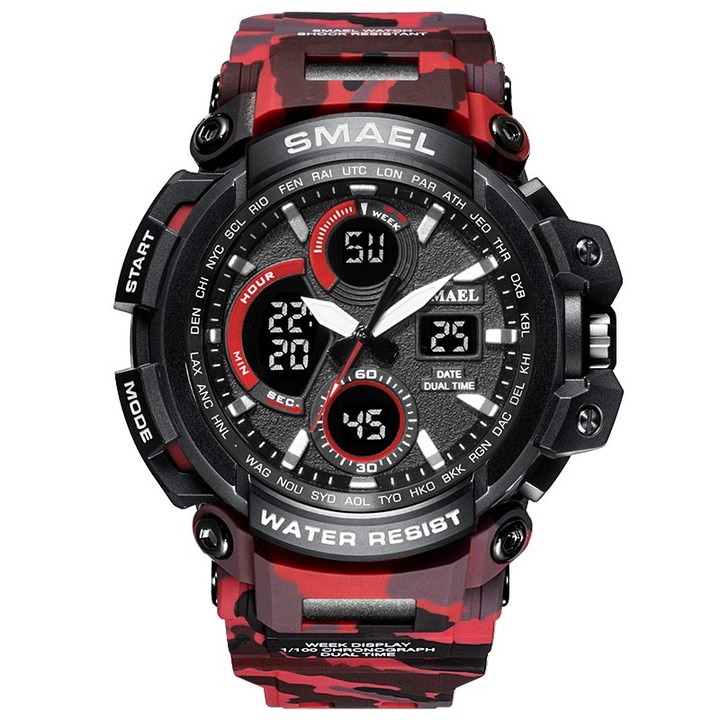 Спортен мъжки часовник Smael Camo MIlitary, Хронограф, LED Подсветка, Двойно време, Червен