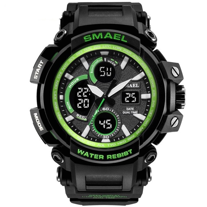 Спортен мъжки часовник Smael Strong, Хронограф, LED Подсветка, Двойно време, Зелен / Черен