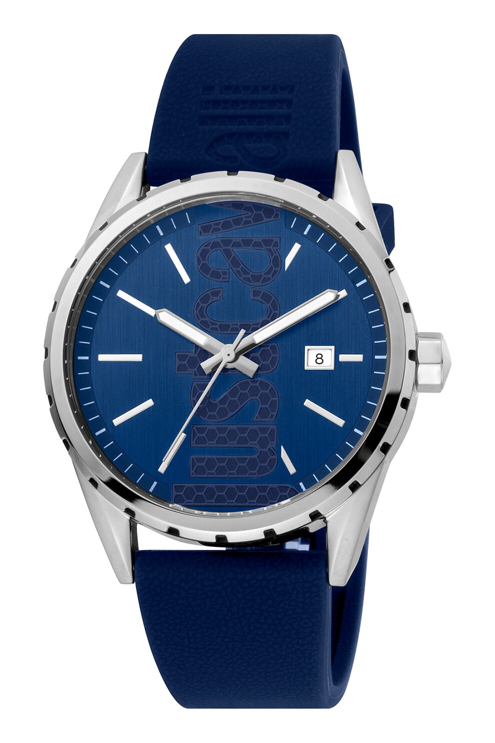 JUST CAVALLI, Ceas quartz cu detaliu logo pe cadran, Bleumarin inchis/Argintiu
