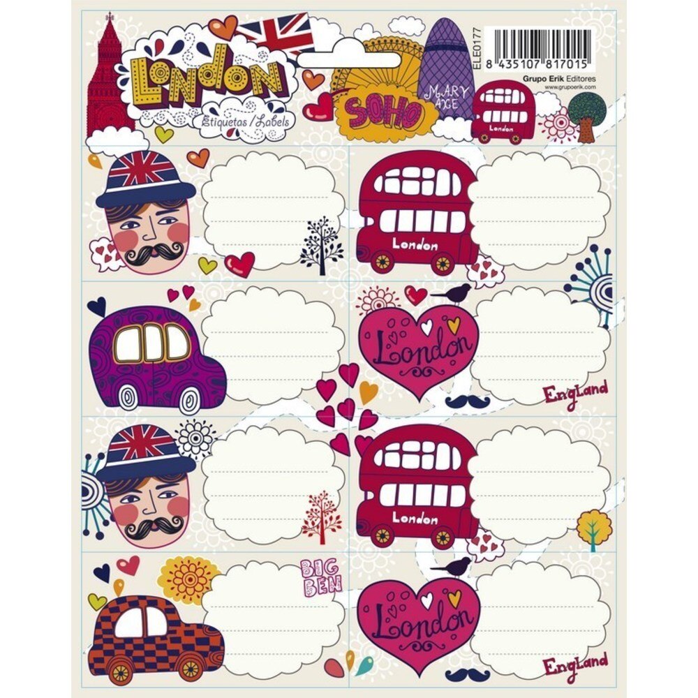 Set 16 etichete autodezive London, 8x4 cm ,pentru caiete, agende, calendare