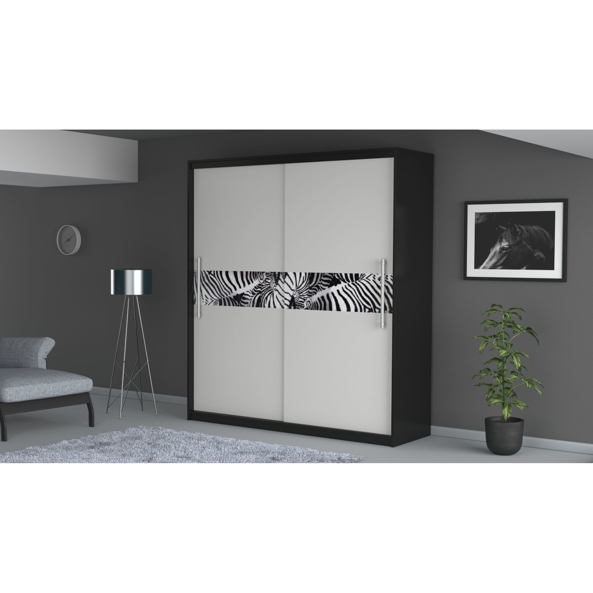 Dressing Radu Cu Print, Alb/Negru, 204x218x58 cm, Usi culisante