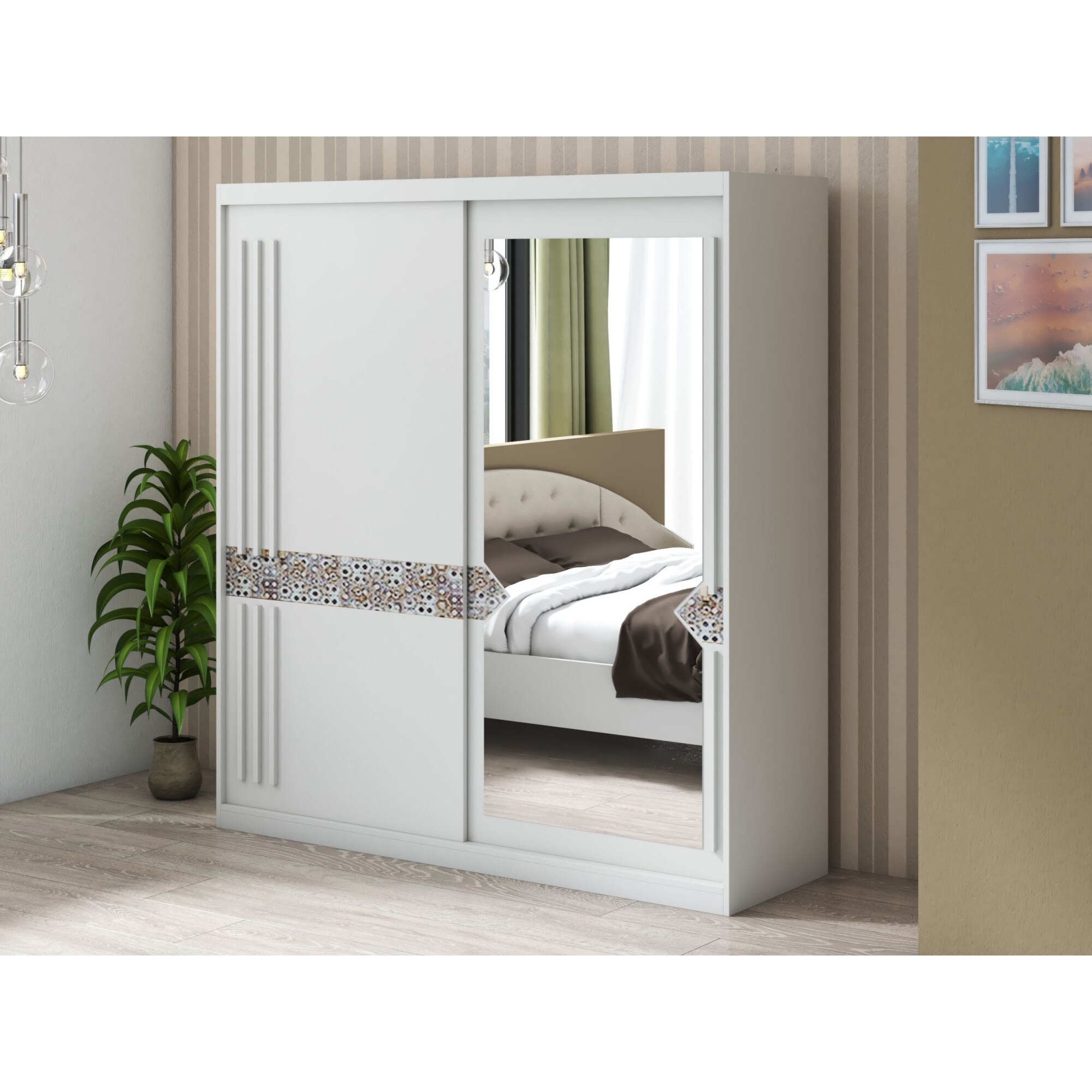 Dressing Atena AT-1, Alb, 200x215x59 cm, Usi culisante