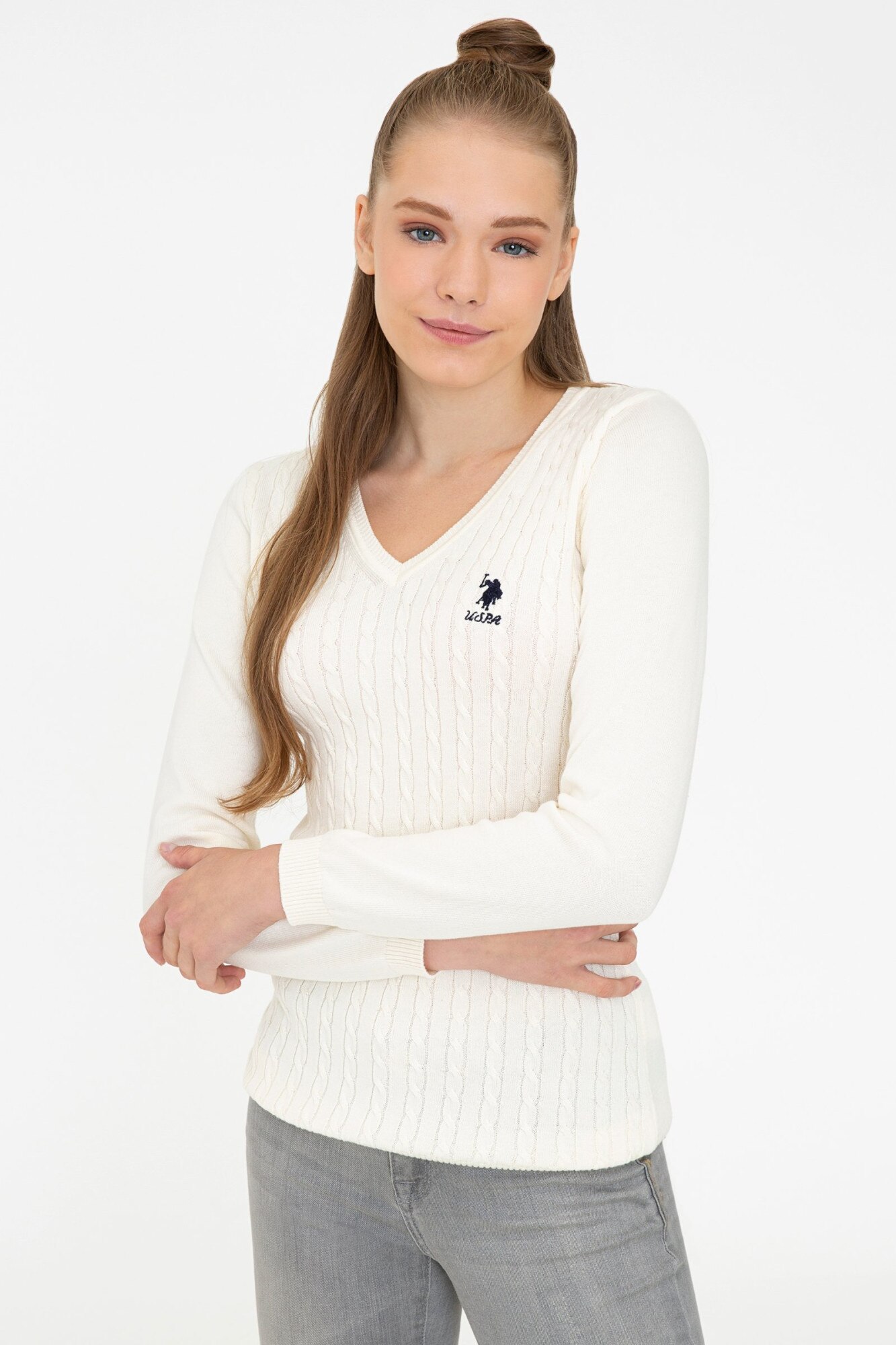 Pulover Dama,U.S Polo Assn.,1338194, Alb prafuit