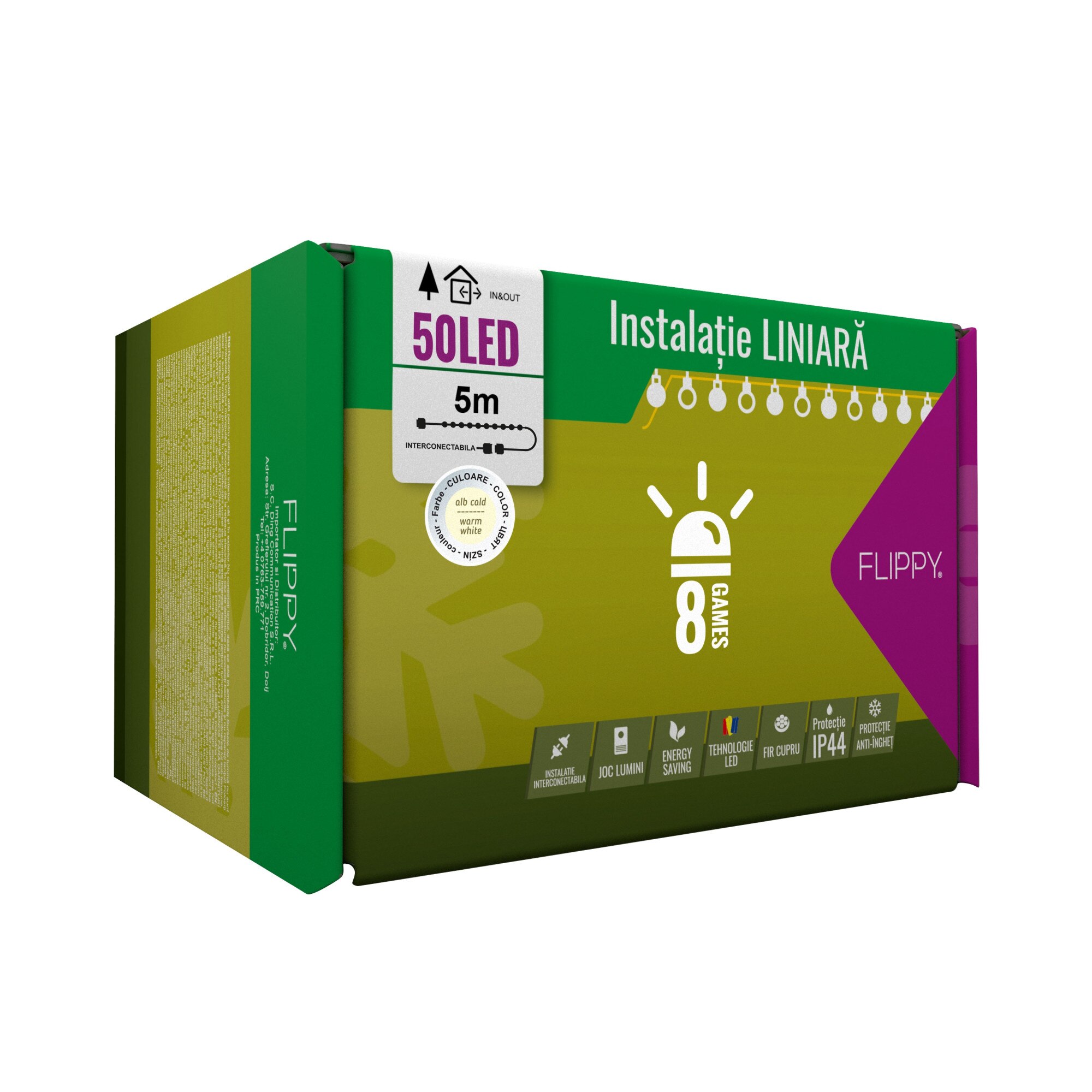 Instalatie Craciun, 5 m, 50 Led-uri ,Liniara, Alb cald, 8 jocuri de lumini, Transformator cu telecomanda, Interconectabila, Prelungitor 3 m inclus, Fir Verde, Flippy