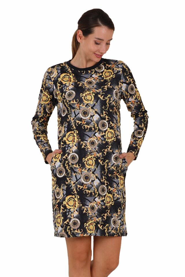 Rochie imprimeu cu buzunare si maneci lungi Celebrate, Negru/Auriu