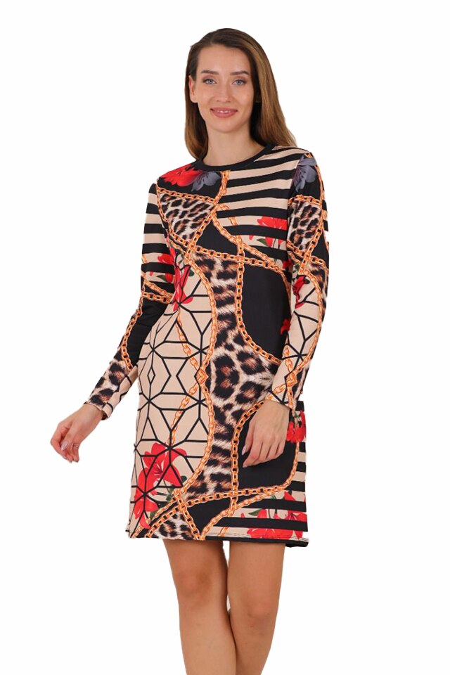 Rochie imprimeu cu buzunare si maneci lungi Celebrate, Alb/Negru/Crem