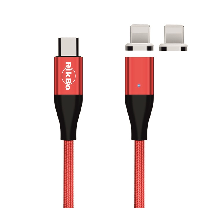 Töltő/adat kábel Fast Charge RikBo® 20W Adatátvitel , Mágneses 14 pin, 2 in 1 UsbC - 2 x Lightning csatlakozó kompatibilis Iphone 12, 11, X, 8, hossza 1m, Piros
