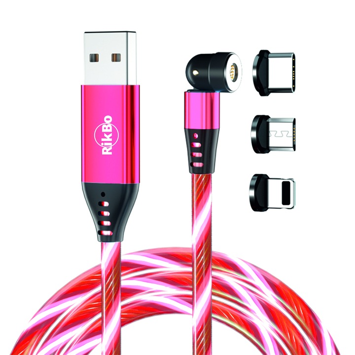 Cablu de incarcare rapida si transfer de date cu iluminare LED, 5pini, 3A magnetic RiKbo® 3 in 1 Lightning, Type-C, micro-USB rotatie 540 grade, Lungime 2 metri Roz