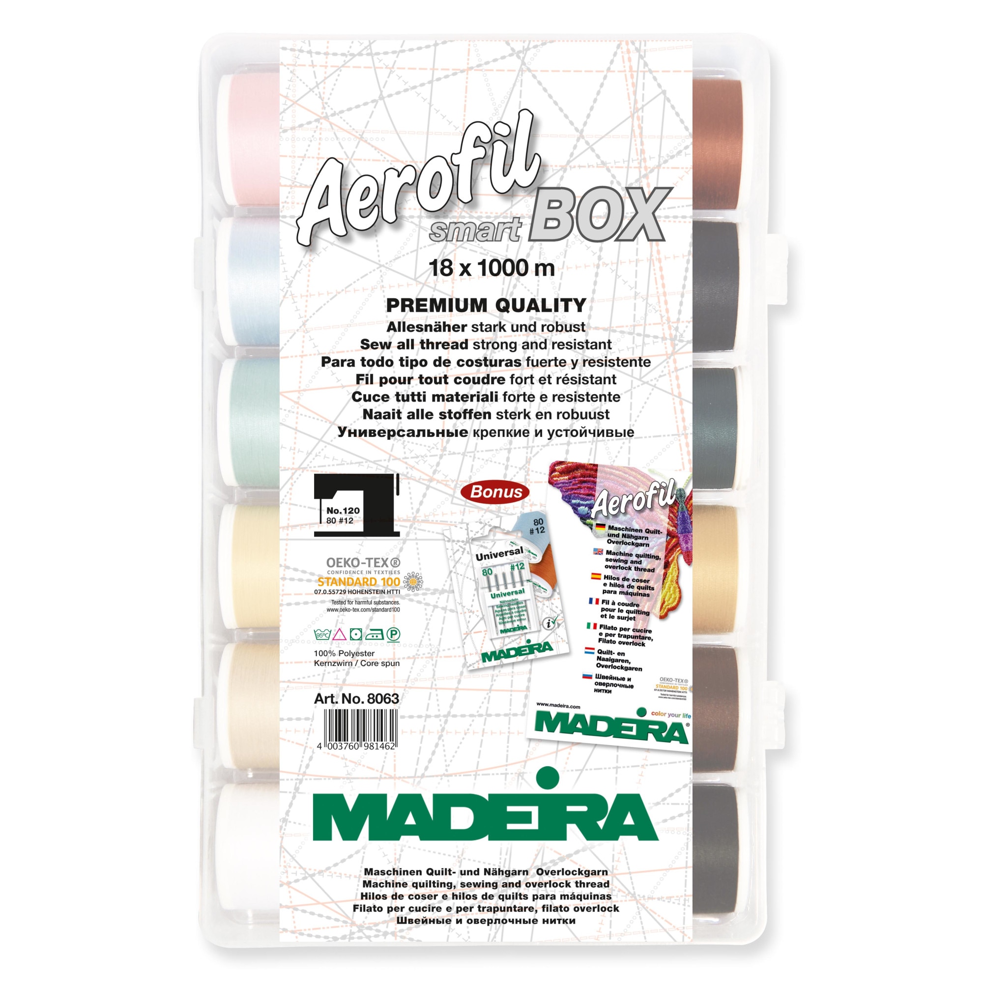 Smartbox cu ata de cusut Aerofil Madeira 8063, 18 papiote, finete 120, 100% poliester