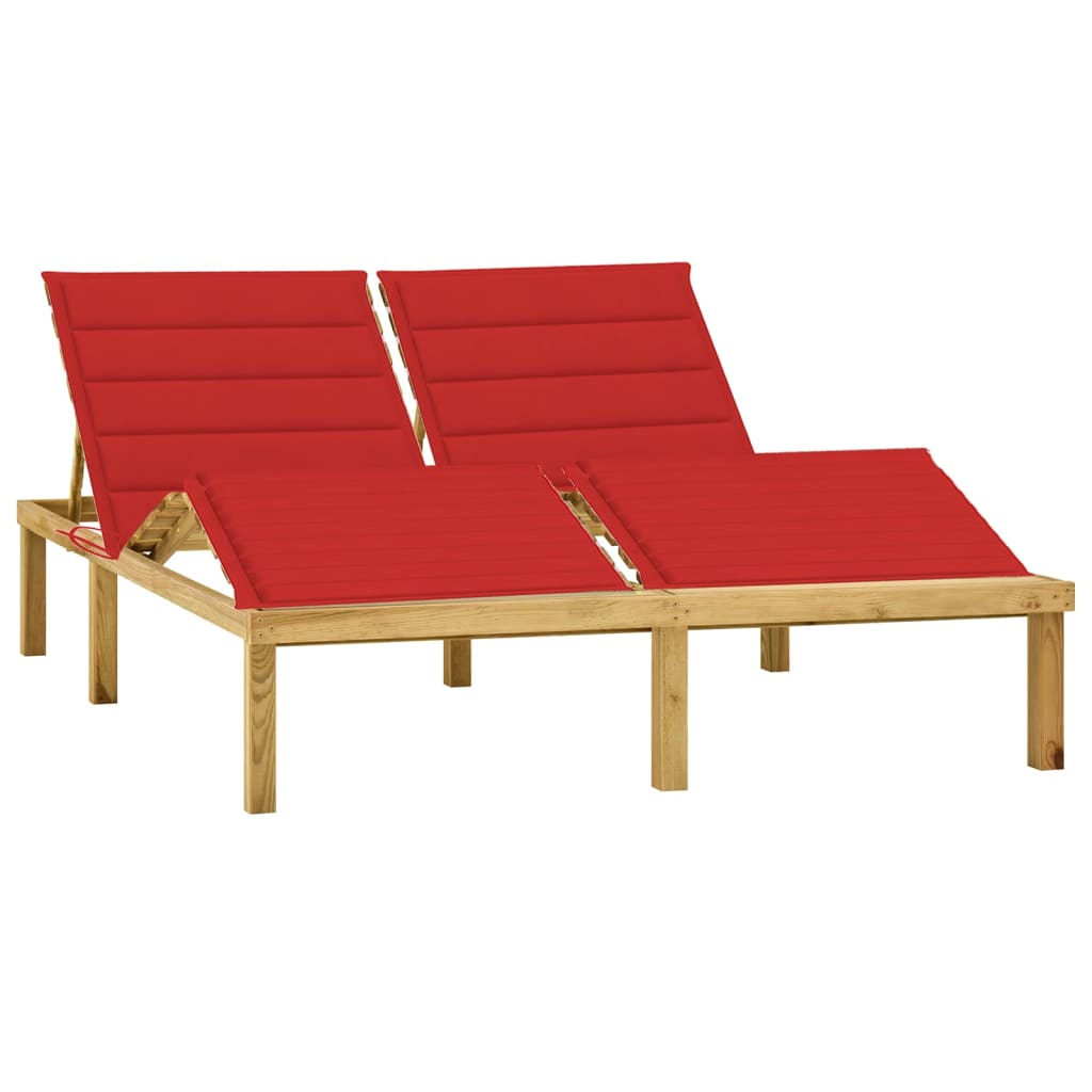 Sezlong de gradina dublu cu perna vidaXL, Lemn, 200 x 138 x 77 cm, Maro/Rosu