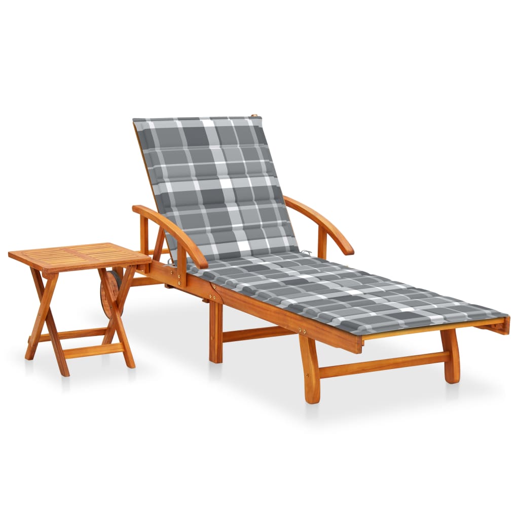 Sezlong de gradina cu masa si perna cu model carouri gri vidaXL, Lemn de acacia, 200 x 67 x 85 cm, Maro/Gri