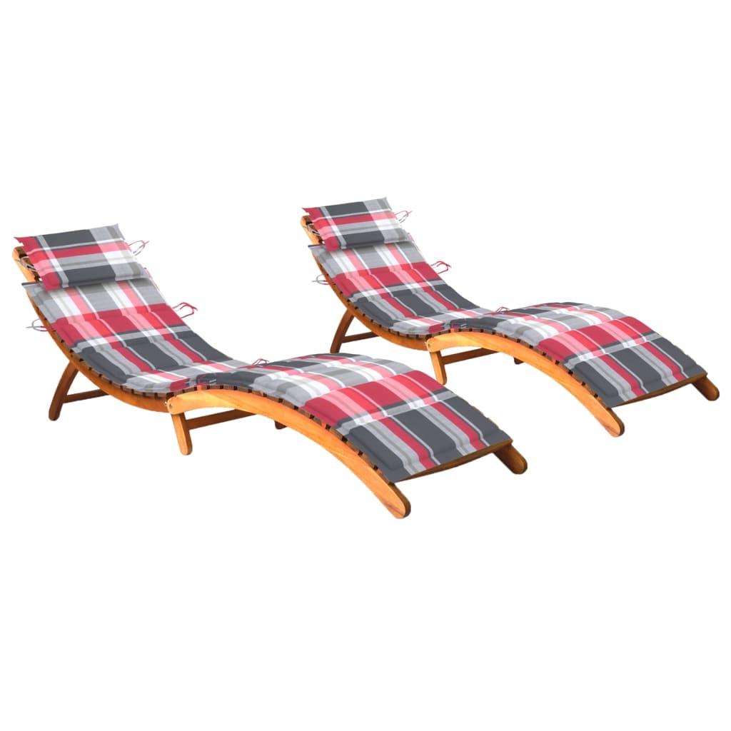 Set de 2 sezlonguri din lemn masiv cu perne cu model carouri rosii vidaXL, Lemn de acacia, 184 x 55 x 64 cm, Maro/Rosu