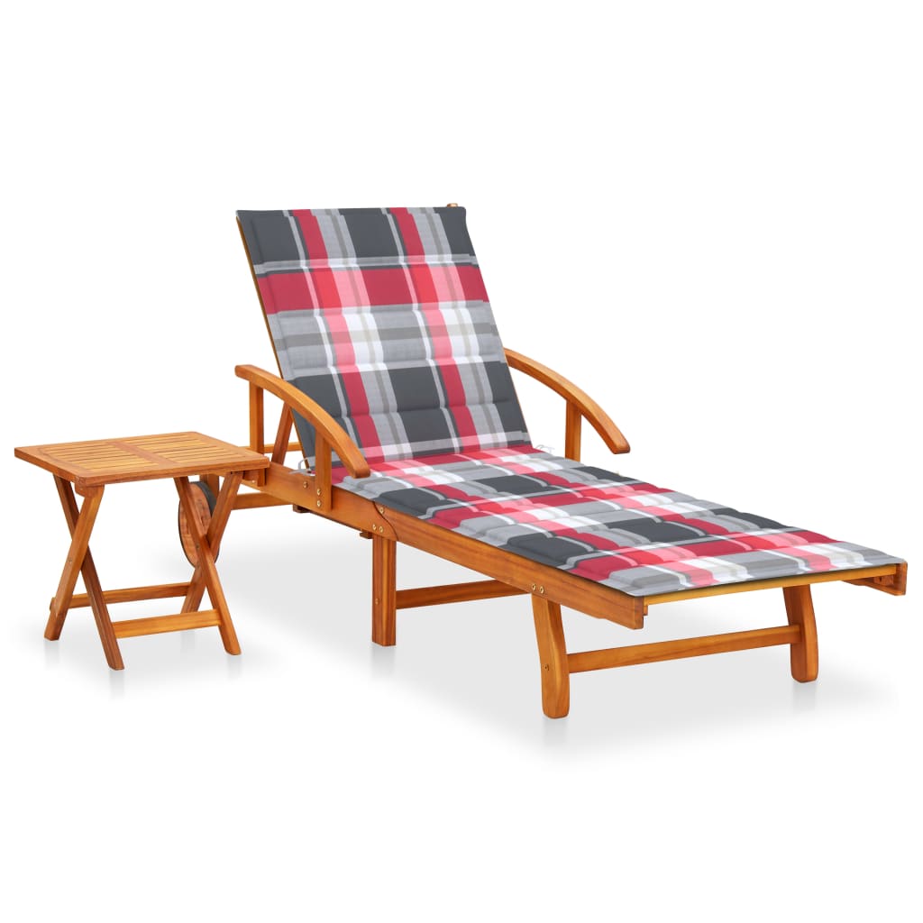 Sezlong de gradina cu masa si perna cu model carouri rosii vidaXL, Lemn de acacia, 200 x 67 x 85 cm, Maro/Rosu