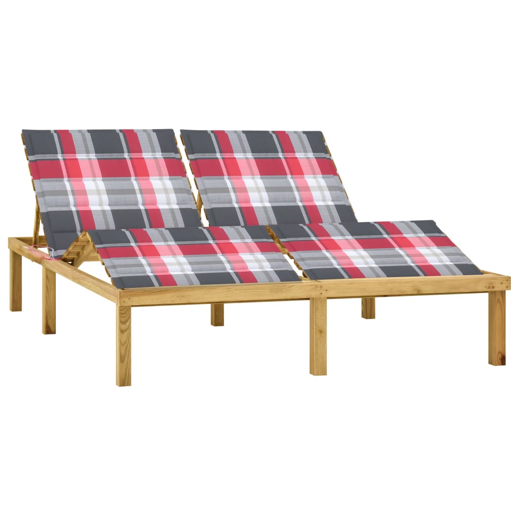 Sezlong de gradina dublu cu perna cu model carouri rosii vidaXL, Lemn, 200 x 138 x 77 cm, Maro/Rosu