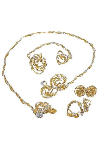 Set bijuterii handmade, art nouveau, versatil, choker, bratara, cercei, inel, din aluminiu eco, reglabile