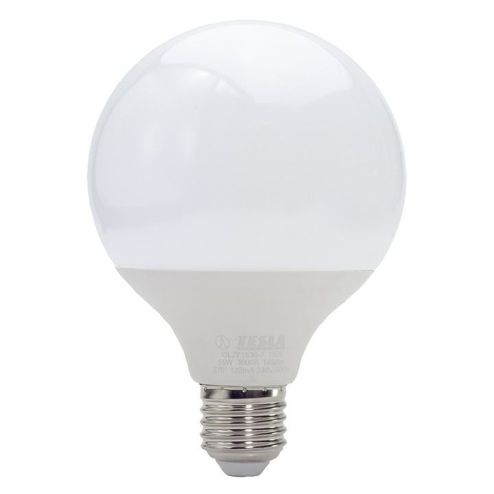 LED крушка, GLOB, TESLA Lighting, 15W, E27, 230V, 1450lm, 25000h, топла светлина 3000K, 270º, еквивалент на класическа крушка 96W