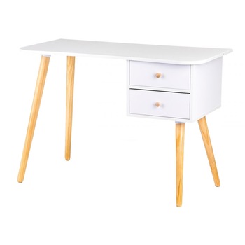 Masa de birou cu 2 sertare practice, blat larg cu margini rotunjite, picioare din lemn de pin, 48 x 100 x 70 cm Masa de birou cu 2 sertare practice, blat larg cu margini rotunjite, picioare din lemn de pin, 48 x 100 x 70 cm