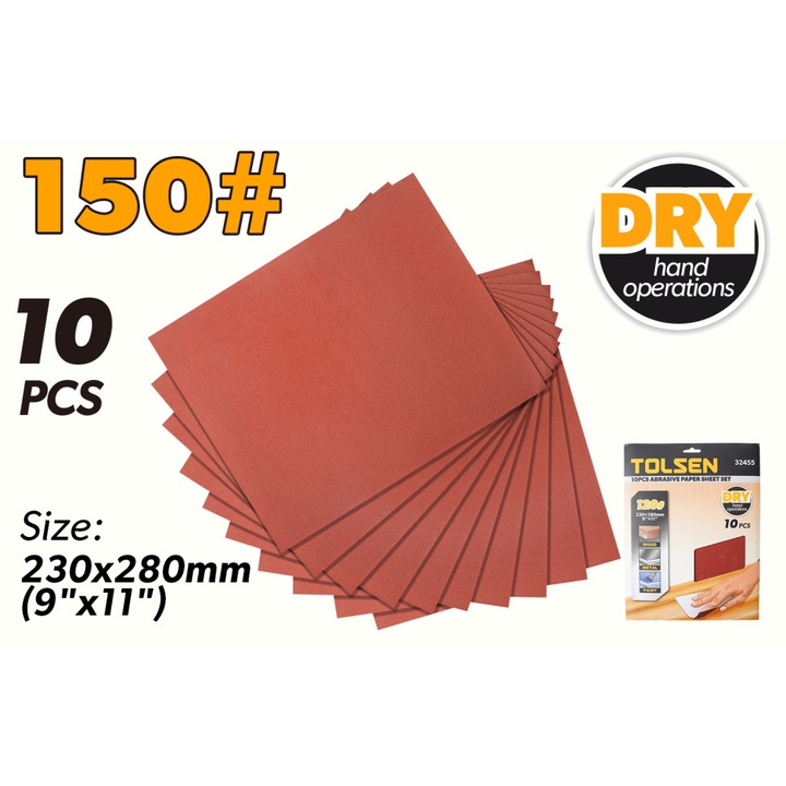Set 10 foi hartie abraziva TOLSEN P150, 230x280 mm, Uscat, Oxid de aluminiu, Calitate profesionala, Slefuire si finisare precisa, Ideale pentru operatii manuale