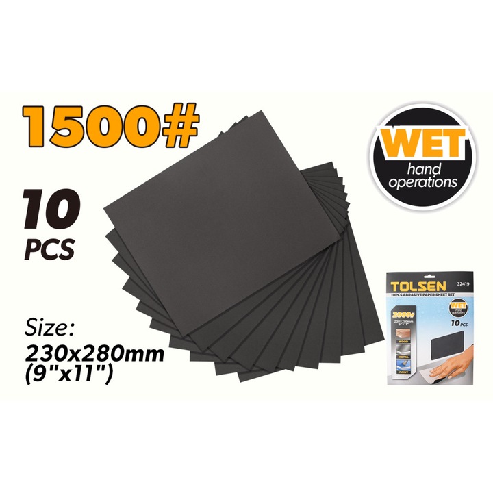 Set 10 foi hartie abraziva TOLSEN P1500, 230x280 mm, Umed, Carbune de siliciu, Calitate profesionala, Finisaj si slefuire de precizie, Ideale pentru operatii de mana