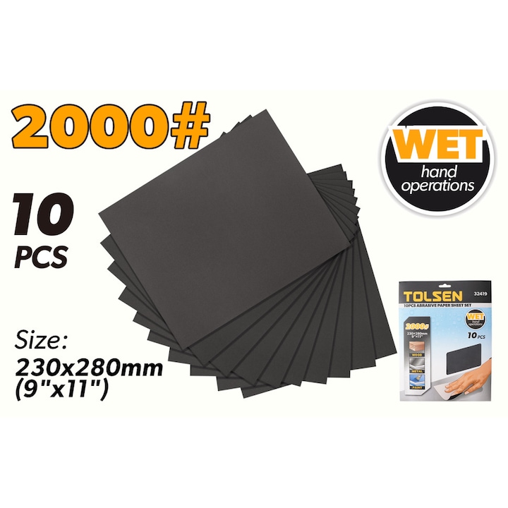Set 10 foi hartie abraziva TOLSEN P2000, 230x280 mm, Umed, Carbune de siliciu, Calitate profesionala, Finisaj si slefuire de precizie, Ideale pentru operatii de mana
