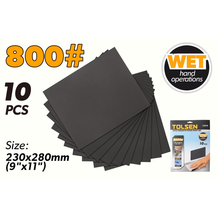 Set 10 foi hartie abraziva TOLSEN P800, 230x280 mm, Umed, Carbune de siliciu, Calitate profesionala, Finisaj si slefuire de precizie, Ideale pentru operatii de mana