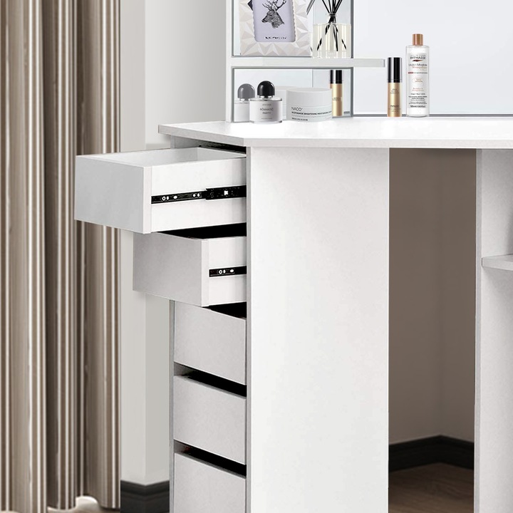 Ъглова тоалетка за грим ML-Design, 110 × 54 × 141.5 см, 3 Огледала, 5 Чекмеджета, MDF, Бял, Много място за съхранение