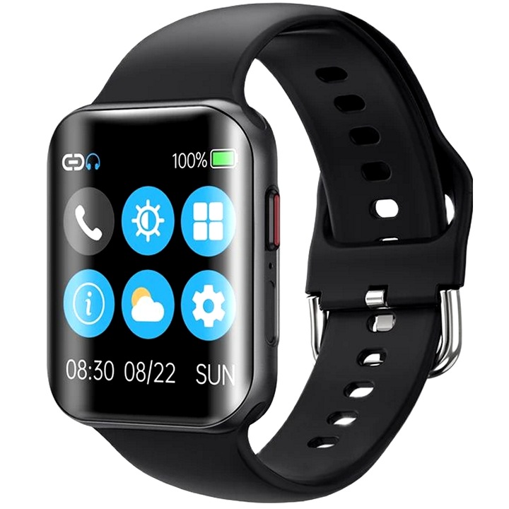 Smartwatch Pro Detail idealStore, Извит екран 1,54 инча, Водоустойчив, iOS и Android съвместим, Гласово повикване, Сърдечен ритъм, Наблюдение на съня, Педометър, Спорт, Momento Black