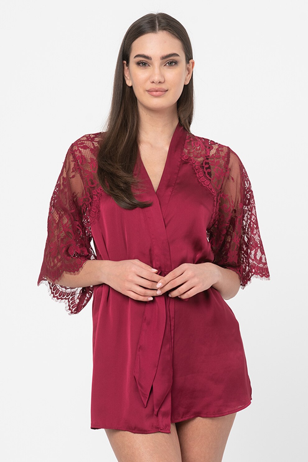 Hunkemoller, Halat de satin cu insertii din dantela, Visiniu