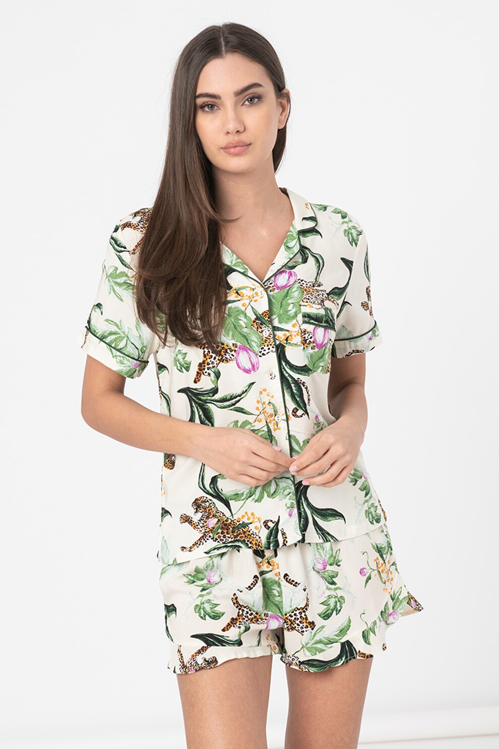 Hunkemoller, Bluza de pijama cu buzunar pe piept, alb prafuit, verde, violet tyrian