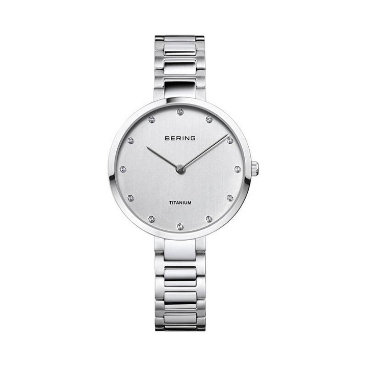 Ceas de dama Bering, Titan, Cristal Safir, Indici din Cristale, 5ATM, Argintiu