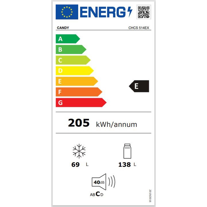 Combina frigorifica Candy CHCS 514EX, 207 l, Clasa E, Iluminare LED, Control digital, Inox