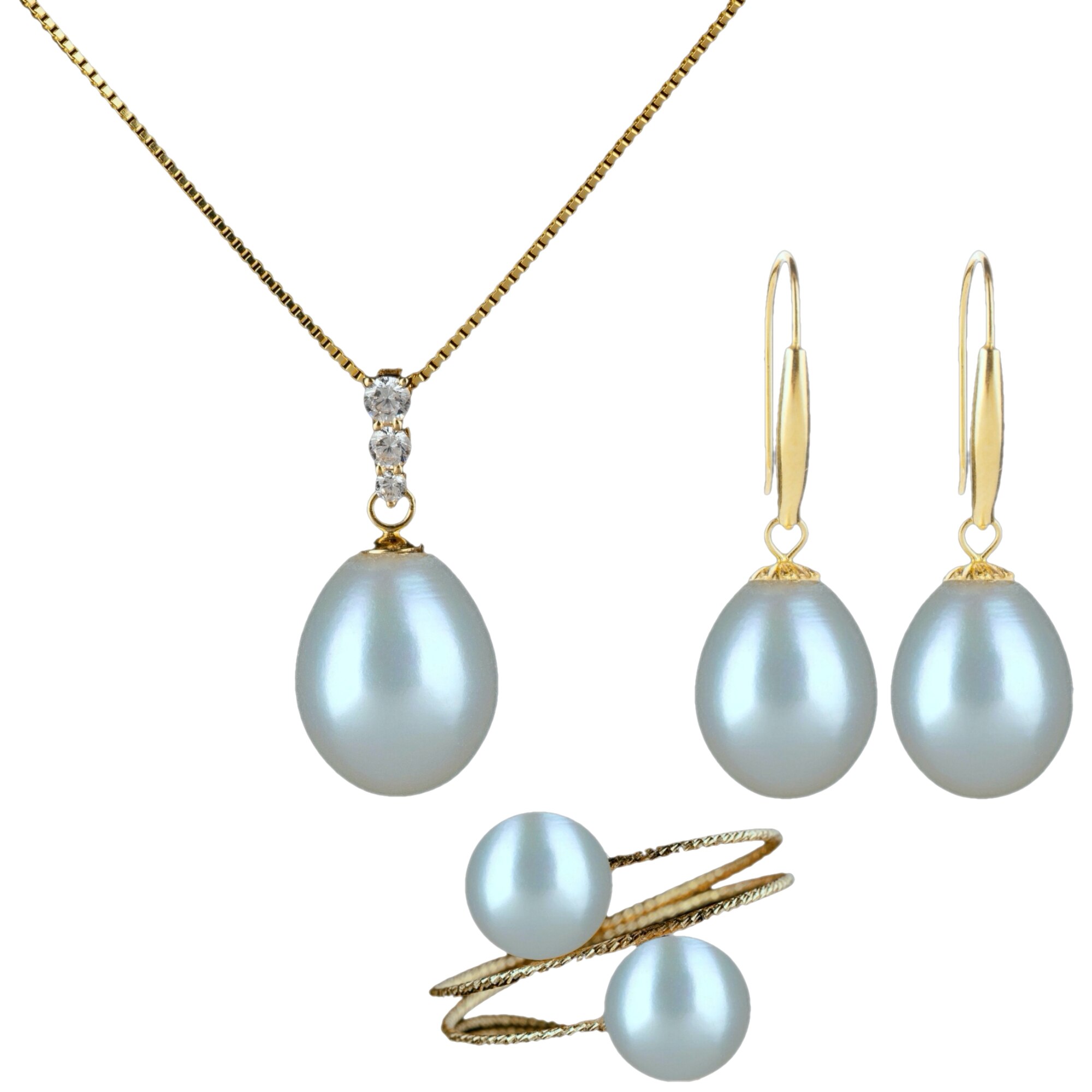 Set din Aur 18K si Perle Naturale, Ocean Sunrise Suprem Alb/Auriu