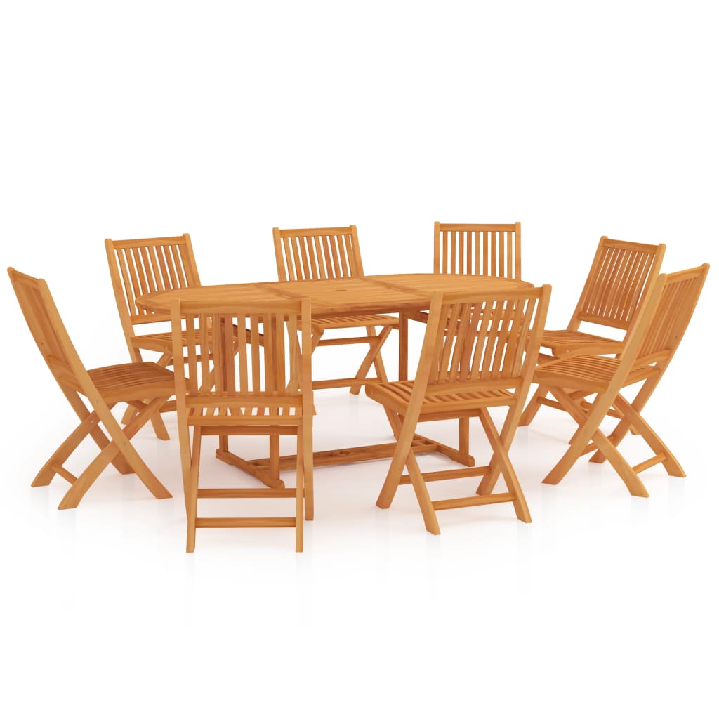 Set mobilier gradina 9 piese masa ovala si scaune pliabile, vidaXL, Lemn de tec esenta tare, 180 x 90 x 75 cm, Maro miere