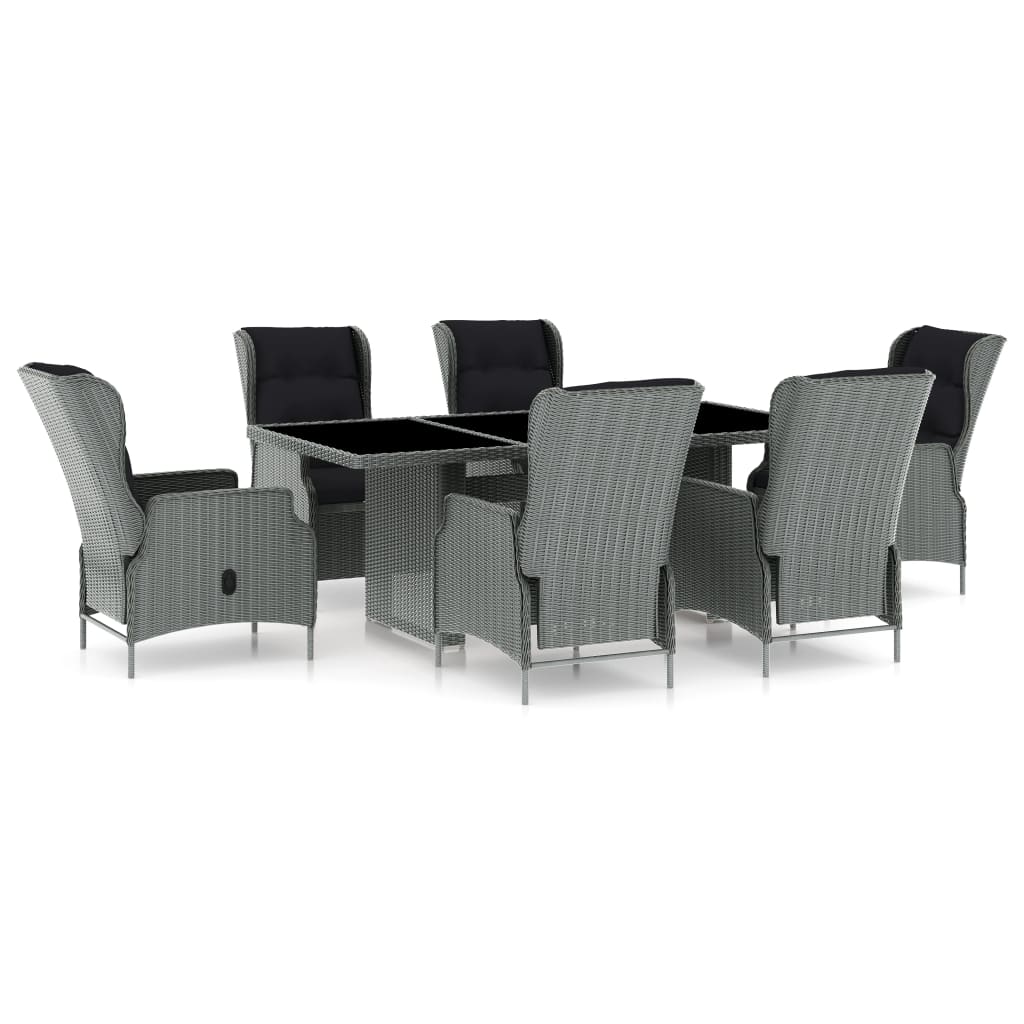 Set mobilier de exterior 7 piese, masa cu fotolii si perne, vidaXL, Poliratan-Otel-Poliester, 200 x 100 x 74 cm, Gri deschis