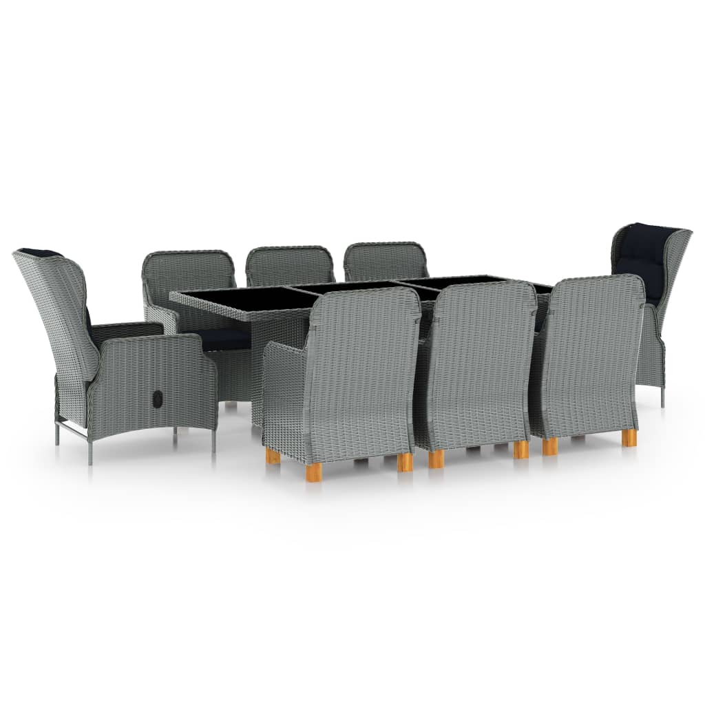 Set mobilier exterior cu perne, 9 piese, masa cu scaune, vidaXL, poliratan-sticla, Gri/Maro