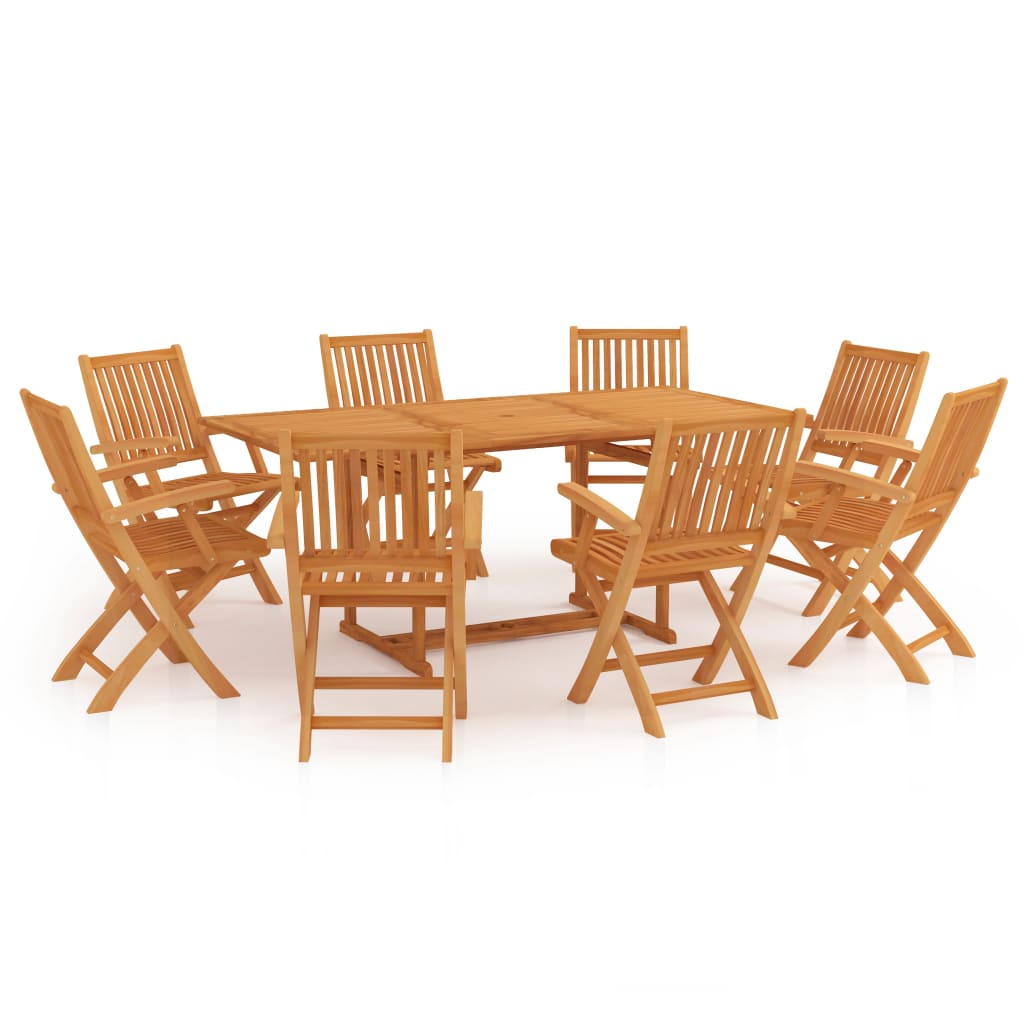 Set mobilier gradina 9 piese masa dreptunghiulara si scaune pliabile, vidaXL, Lemn de tec esenta tare, 180 x 90 x 75 cm, Maro miere