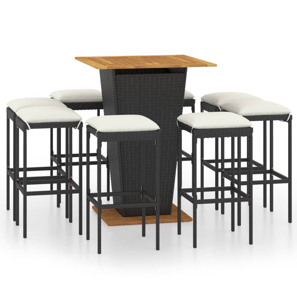 Set mobilier bar de gradina 9 piese masa cu scaune si pernute, vidaXL, Poliratan-Lemn-Otel, 80 x 80 x 110 cm, Negru/Maro - perne alb