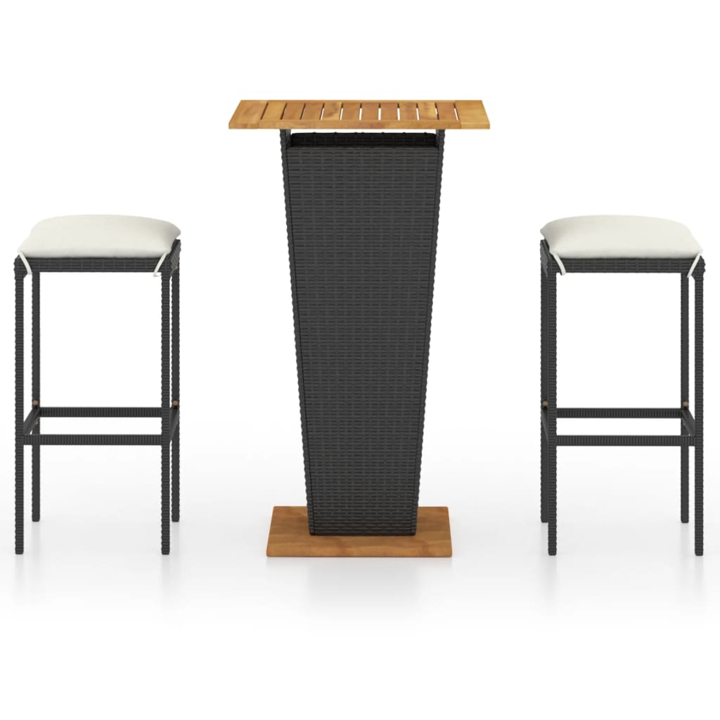 Set mobilier bar de gradina 3 piese masa cu scaune si pernute, vidaXL, Poliratan-Lemn-Otel, 60 x 60 x 110 cm, Negru/Maro - perne alb