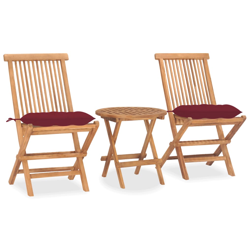 Set mobilier de exterior de balcon sau terasa 3 piese, masa cu scaune pliabile si pernuta, vidaXL, Lemn de tec, 109 x 46 x 9 cm, 7 cm, Maro/Rosu bordo