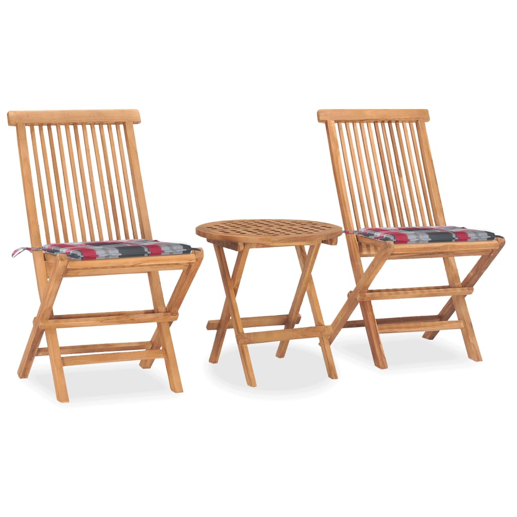 Set mobilier de exterior de balcon sau terasa 3 piese, masa cu scaune pliabile, vidaXL, Lemn de tec, 50 x 50 cm, Maro-Perne model carouri gri-rosu