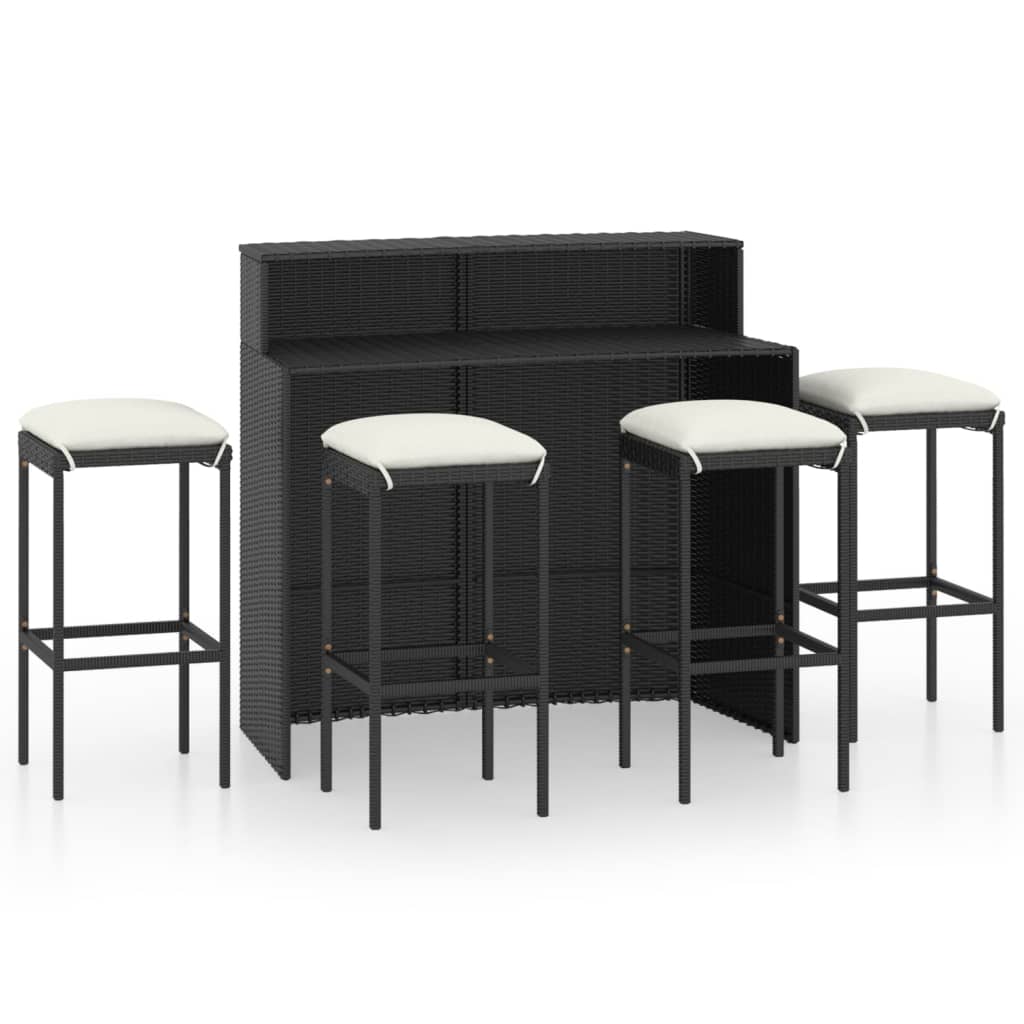 Set mobilier de bar de gradina 5 piese, masa cu 4 scaune cu pernute, vidaXL, Poliratan, 120 x 55 x 110 cm, Negru/Perne Crem