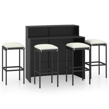 Set mobilier de bar de gradina 5 piese, masa cu 4 scaune cu pernute, vidaXL, Poliratan, 120 x 55 x 110 cm, Negru/Perne Crem Set mobilier de bar de gradina 5 piese, masa cu 4 scaune cu pernute, vidaXL, Poliratan, 120 x 55 x 110 cm, Negru/Perne Crem