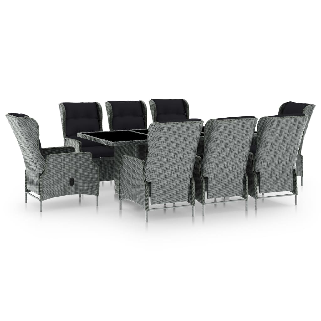 Set mobilier exterior cu perne, 9 piese, vidaXL, poliratan-sticla securizata, Gri/Negru