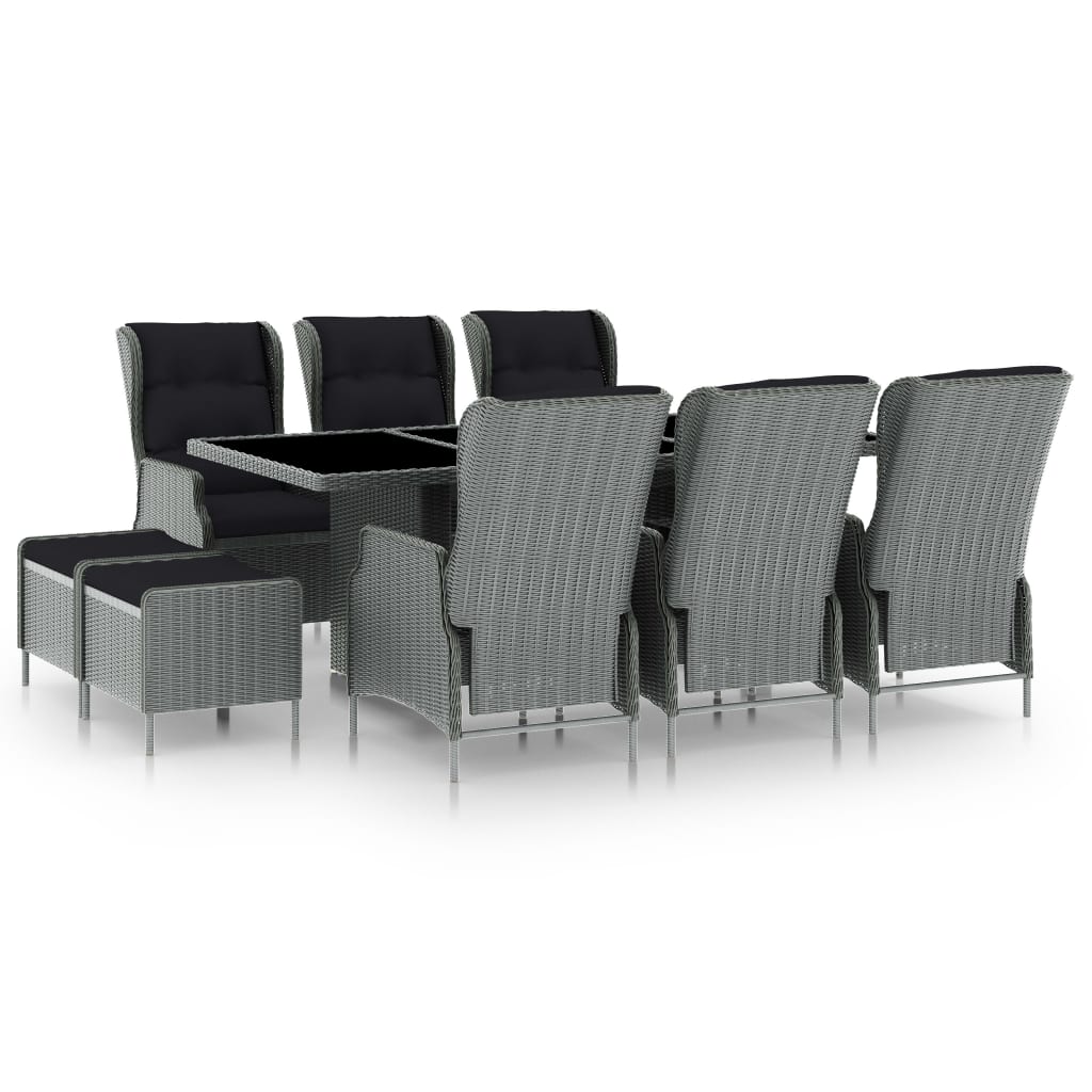 Set mobilier exterior cu perne, 9 piese, masa cu scaune si tabureti, vidaXL, poliratan-sticla securizata, Gri/Negru