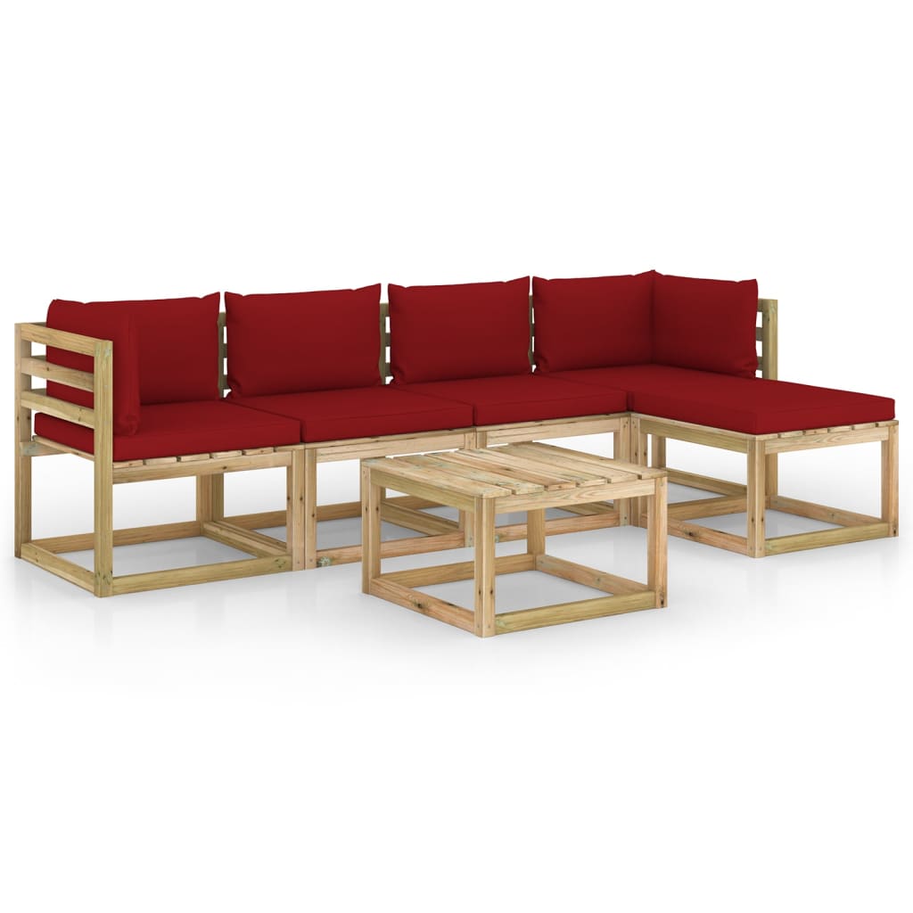 Set mobilier de gradina cu perne 6 piese, canapea L cu masuta, vidaXL, Lemn de pin tratat, Maro/Perne Rosu Bordo