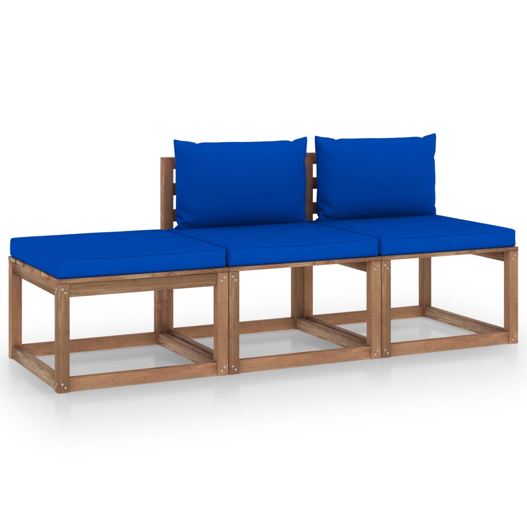 Set mobilier de gradina 3 piese, canapea cu perne, vidaXL, Lemn pin tratat, Maro/Perne albastru regal